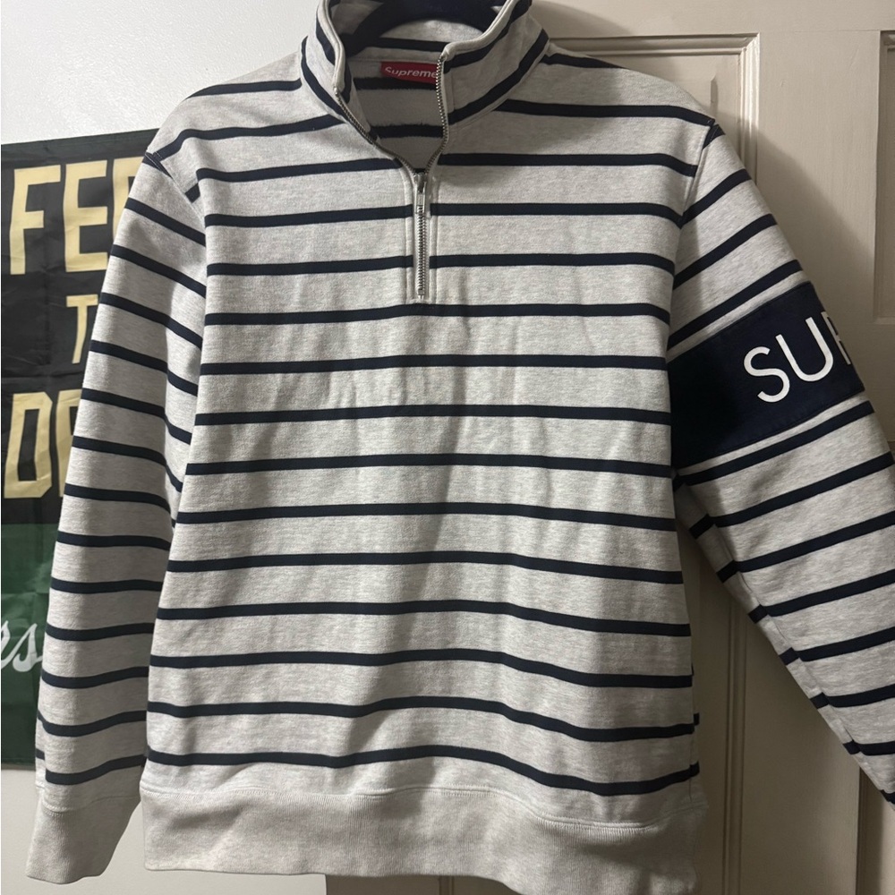 Supreme Gray Zip Up Sweater with High Collar and Navy Blue Stripes